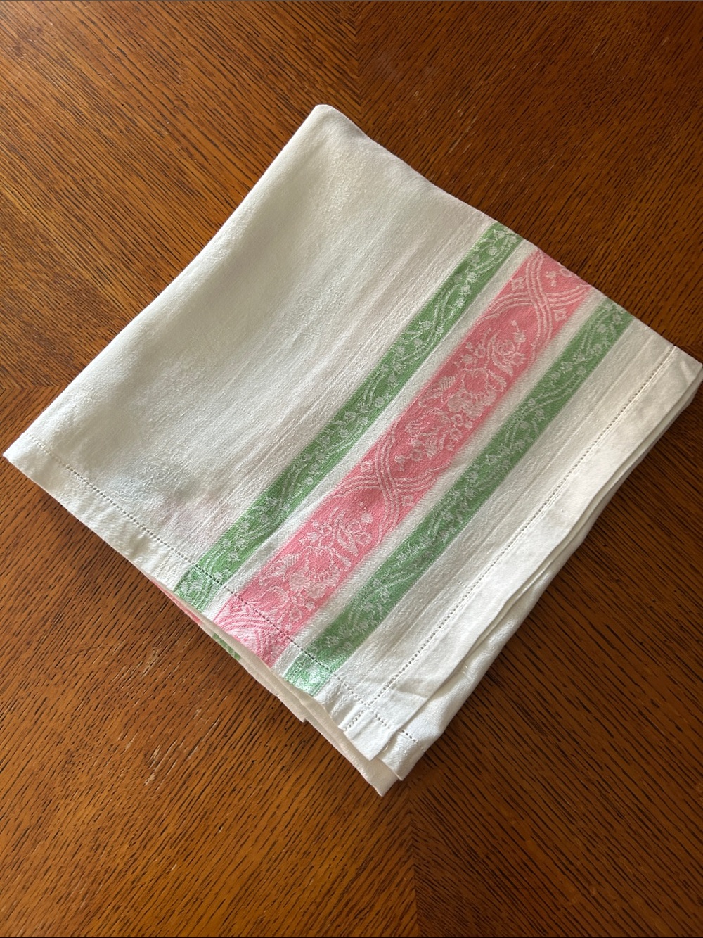 Vintage Classic White Tablecloth with Pink and Green Stripe
